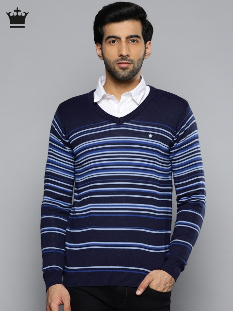 

Louis Philippe Men Navy Blue Striped Pullover