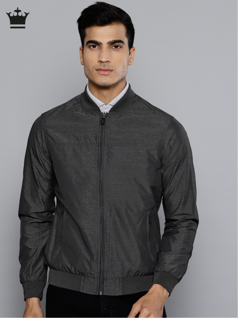 

Louis Philippe Men Charcoal Grey Solid Bomber Jacket