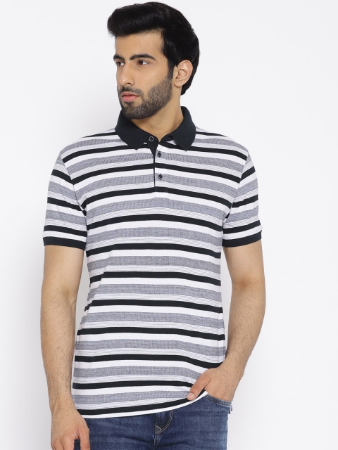 

Octave Men White & Navy Blue Striped Polo Collar T-shirt