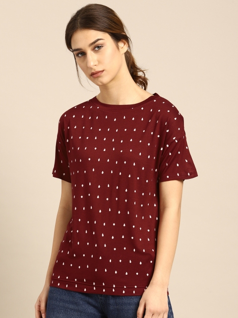 

ether Women Maroon Printed Round Neck T-shirt