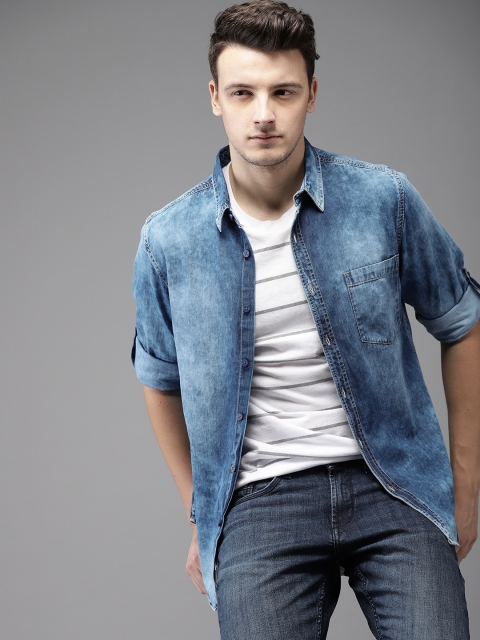 

HERE&NOW Men Faded Casual Chambray Shirt, Na