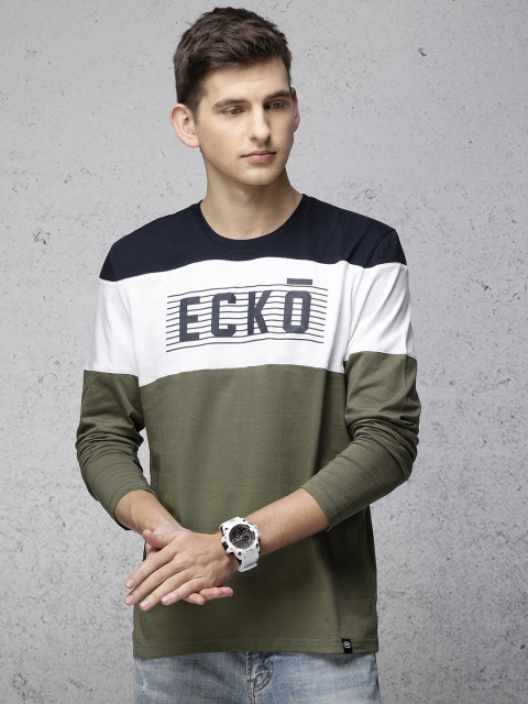 

Ecko Unltd Men Olive Green & Navy Colourblocked Round Neck T-shirt