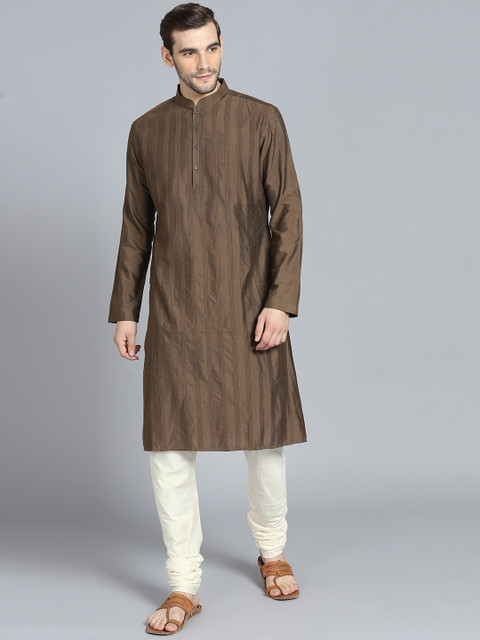 

Rohit Bal Limited Men Olive Brown & White Self-Striped Kurta with Pyjamas