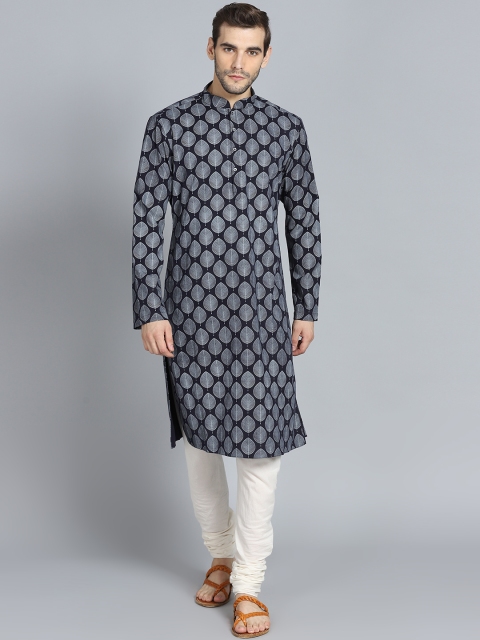 

Rohit Bal Limited Men Navy & Off-White Printed Kurta with Pyjamas, Navy blue