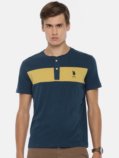 

U.S. Polo Assn. Men Blue Solid Henley Neck Pure Cotton T-shirt