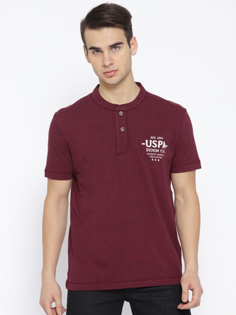 

U.S. Polo Assn. Denim Co. Men Red Solid Henley Pure Cotton T-shirt