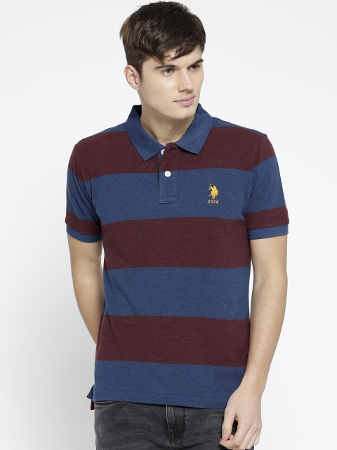 

U.S. Polo Assn. Men Navy Blue Burgundy Striped Polo Collar Pure Cotton T-shirt