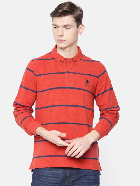 

U.S. Polo Assn. Men Rust Orange Blue Striped Polo Collar Pure Cotton T-shirt
