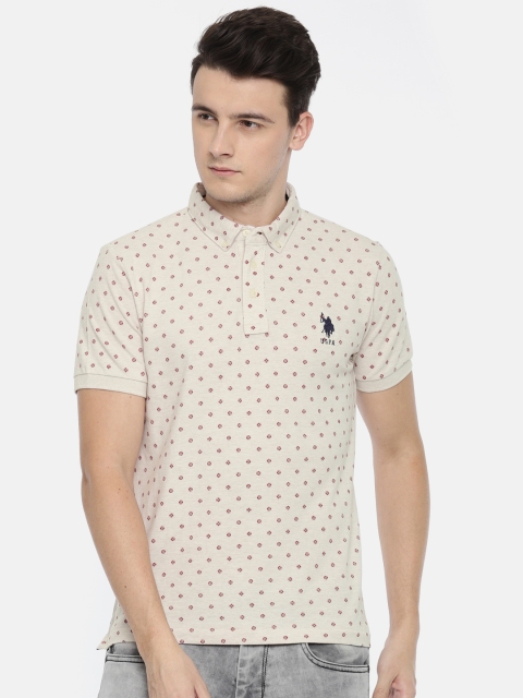 

U.S. Polo Assn. Men Beige Printed Polo Collar Pure Cotton T-shirt