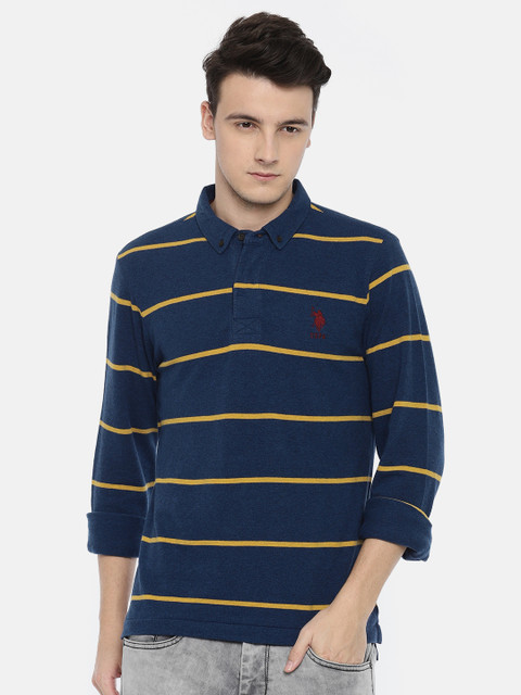 

U.S. Polo Assn. Men Blue Striped Polo Collar Pure Cotton T-shirt