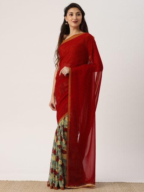 

Drape Stories Mustard Yellow & Red Poly Georgette Printed Saree