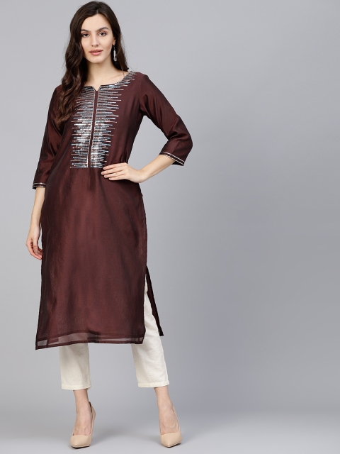 

Varanga Brown Chanderi Embroidered Kurta, Coffee brown