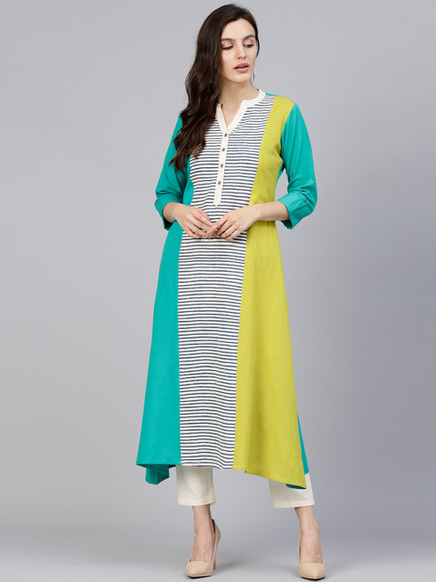 

Varanga Women Green & Off-White Striped Asymmetric A-Line Kurta