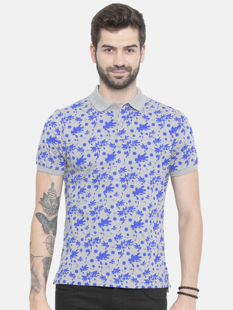 

Parx Men Grey & Blue Printed Polo Collar T-shirt