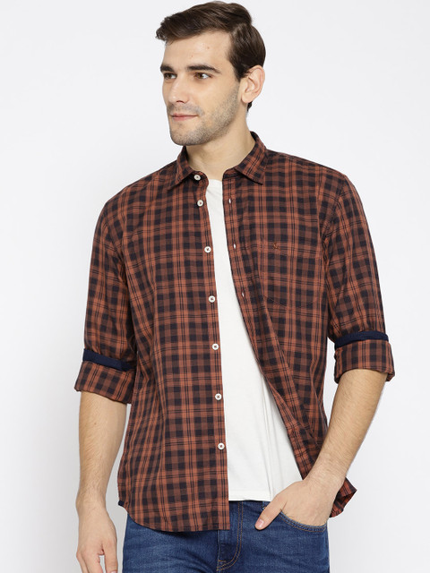

Parx Men Rust Orange & Black Slim Fit Checked Casual Shirt