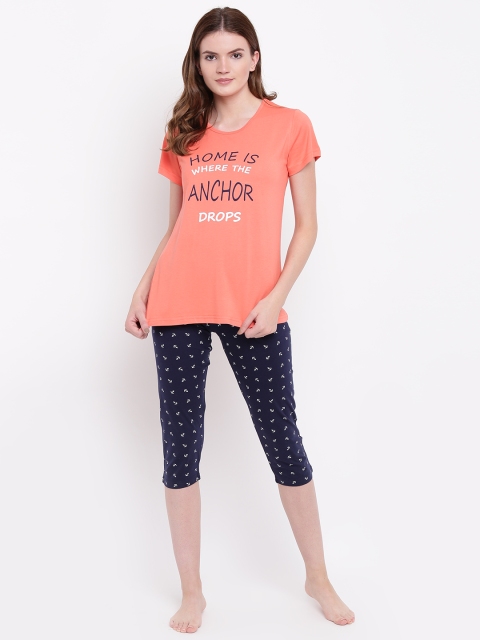 

Kanvin Women Coral Orange & Navy Blue Printed Night suit