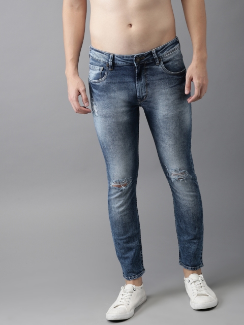 

HERE&NOW Men Blue Skinny Fit Mid-Rise Slash Knee Stretchable Cropped Jeans