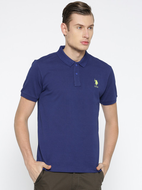 

U.S. Polo Assn. Men Blue Solid Polo Collar Pure Cotton T-shirt