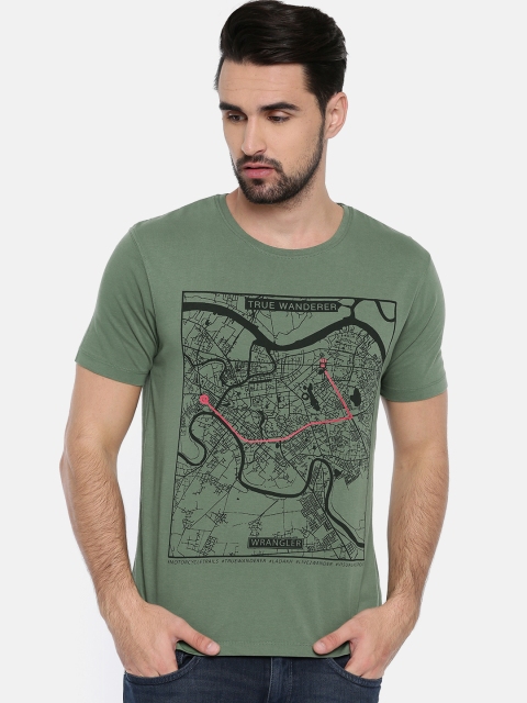 

Wrangler Men Olive Green & Black Printed Round Neck T-shirt