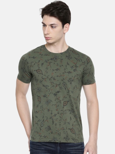 

Killer Men Olive Green Printed Round Neck Pure Cotton T-shirt