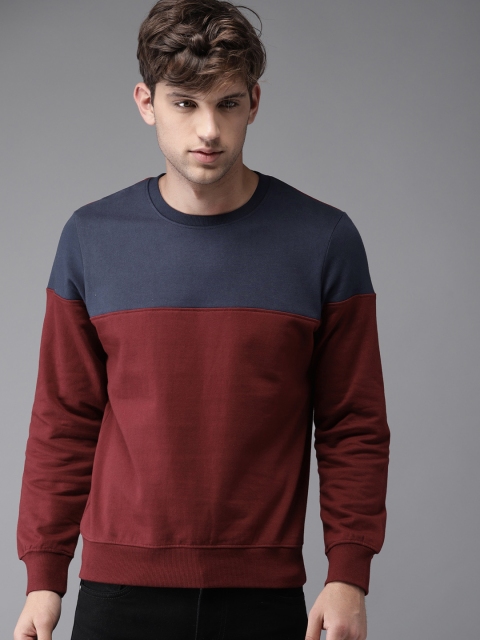 

HERE&NOW Men Navy Blue & Maroon Colourblocked Sweatshirt