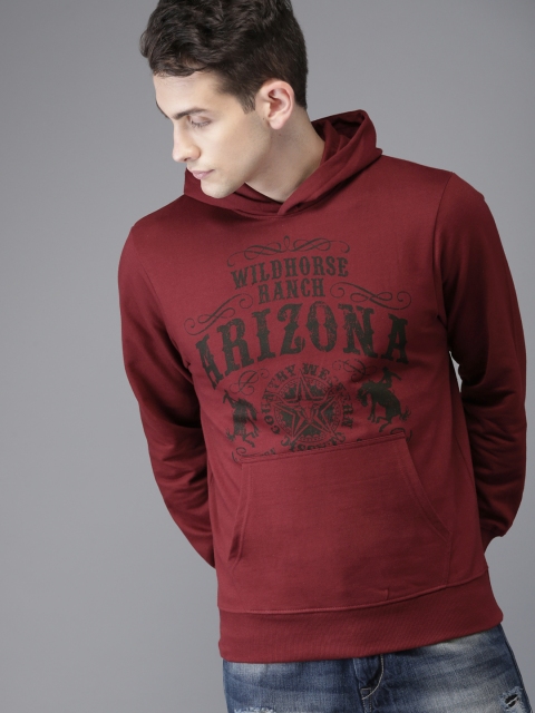 

HERE&NOW Men Maroon Printed Hooded Sweatshirt