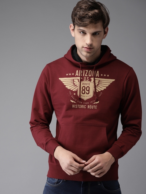 

HERE&NOW Men Maroon Printed Hooded Sweatshirt