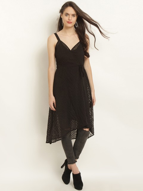 

RARE Women Black Self-Design Wrap Pure Cotton Top