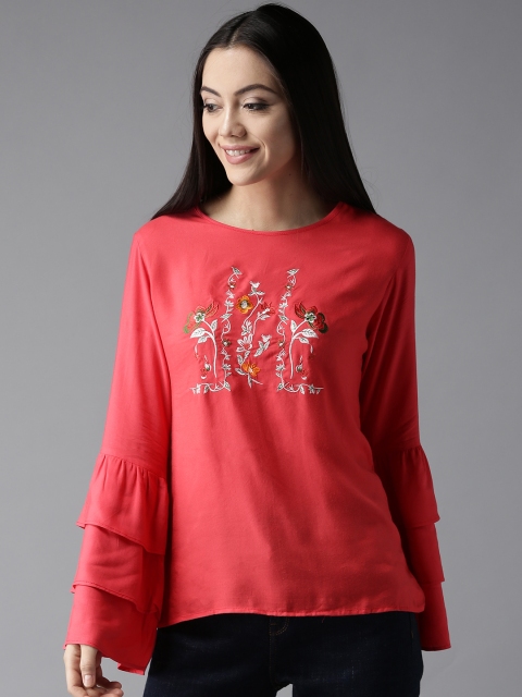 

Moda Rapido Women Coral Pink Embroidered Top