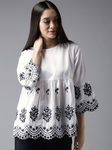 

Moda Rapido Women White Embroidered A-Line Top