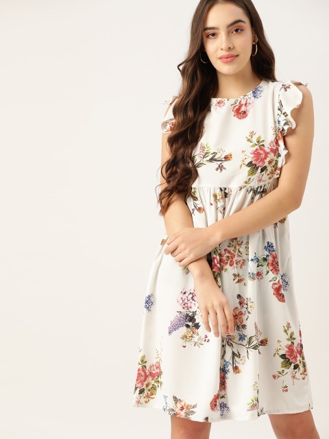 

Moda Rapido Women Off-White & Green Floral Printed A-Line Dress