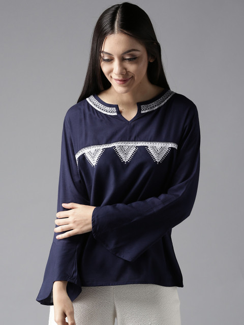 

Moda Rapido Women Navy Blue Embroidered Top