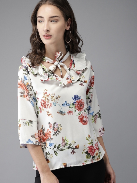 

Moda Rapido Women Off-White & Rust Orange Floral Print Top