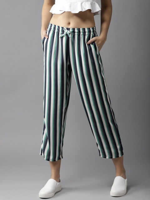 

Moda Rapido Women Navy Blue & Green Regular Fit Striped Cropped Trousers