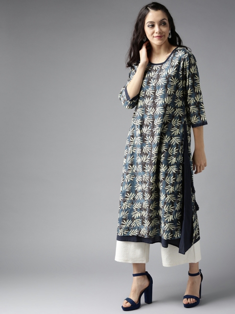 

Moda Rapido Women Navy & Beige Printed Layered A-Line Kurta, Navy blue