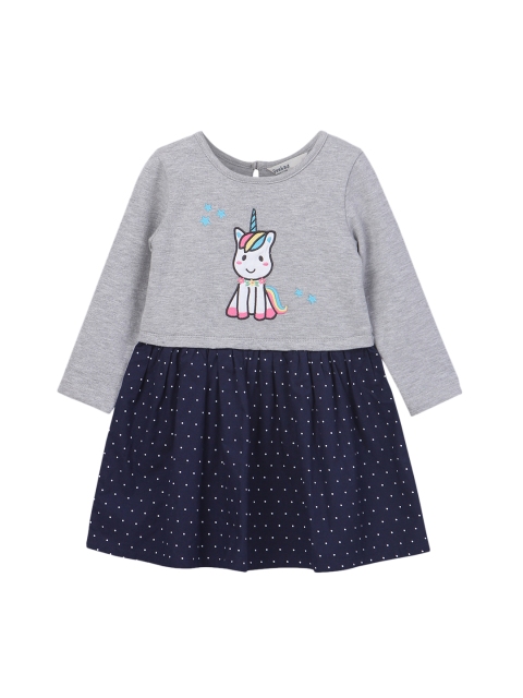 

Beebay Girls Grey & Navy Blue Printed Fit & Flare Dress