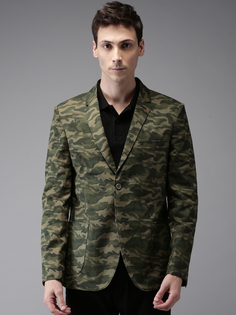 

The Indian Garage Co Men Olive Green Slim Fit Camouflage-Printed Casual Blazer
