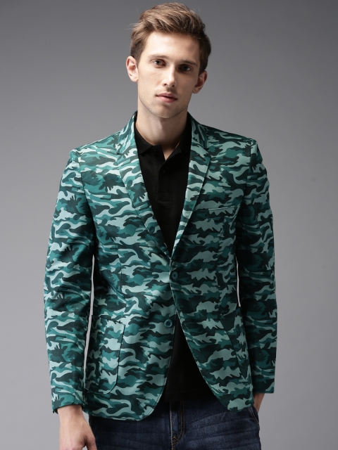 

The Indian Garage Co Teal Blue Slim Fit Camo Printed Casual Single-Breasted Blazer