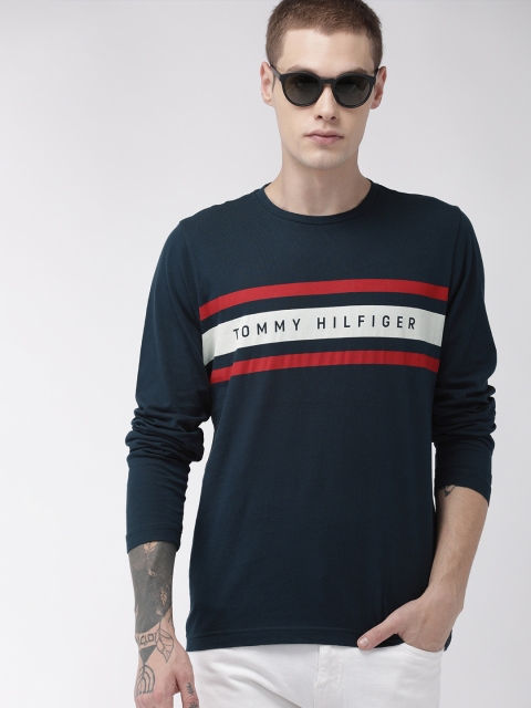 

Tommy Hilfiger Men Navy Blue Striped Round Neck T-shirt With Printed Detailing