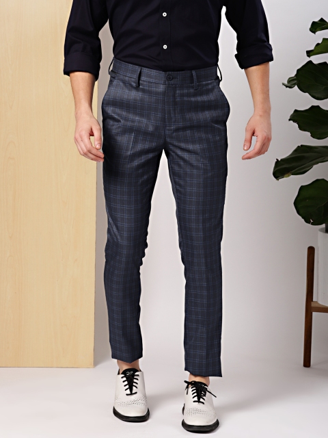 

INVICTUS Men Charcoal Grey & Navy Slim Fit Checked Formal Trousers
