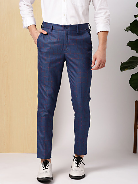 

INVICTUS Men Blue & Rust Red Slim Fit Checked Formal Trousers