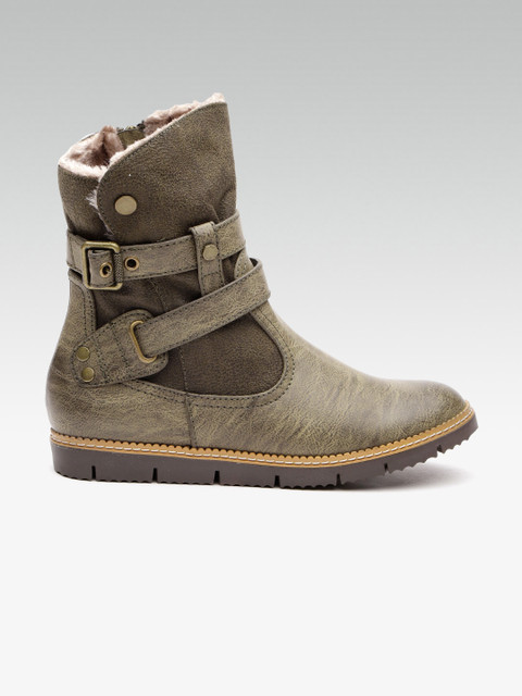 

ELLE Women Olive Green Solid High-Top Flat Boots