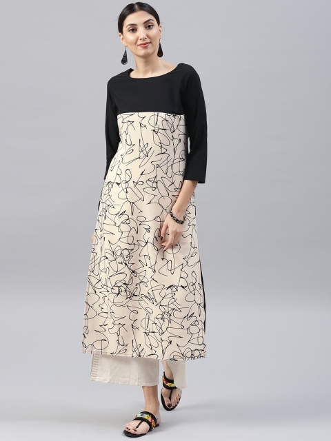 

AHIKA Women Beige & Black Printed Straight Kurta