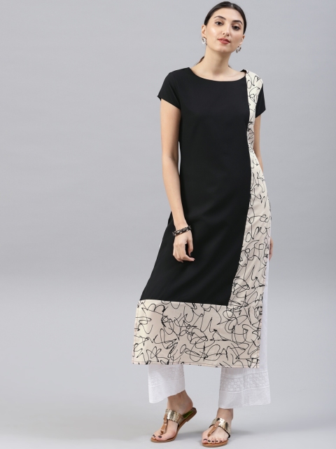 

AHIKA Women Beige & Black Printed Straight Kurta