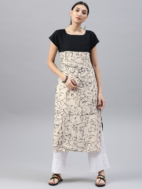 

Vaamsi Women Beige & Black Printed Straight Kurta