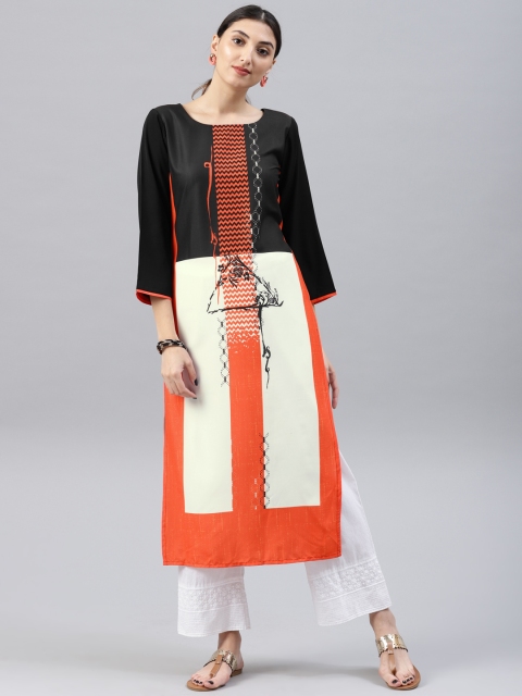 

AHIKA Women Orange & Black Printed Straight Kurta