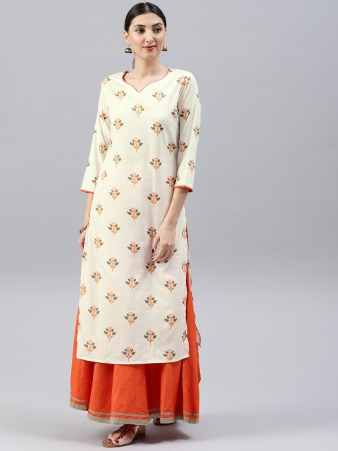 

AHIKA Women White & Orange Digital Print Straight Kurta