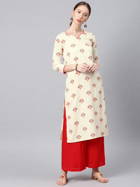 

AHIKA Women Off-White & Pink Printed Straight Kurta