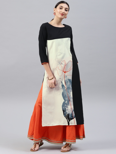 

AHIKA Women Black & White Printed Straight Kurta