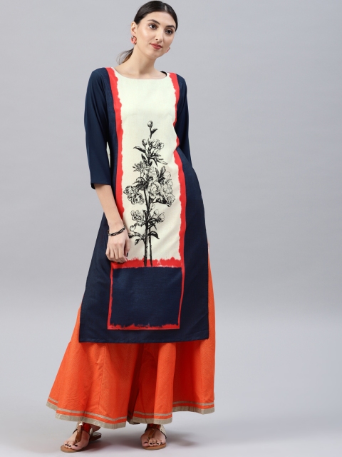 

Vaamsi Women Navy Blue Printed Straight Kurta
